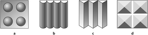 Studio walls with different surface shapes. (a) Spherical, (b) cylindrical, (c) serrated, and (d) pyramidal.
