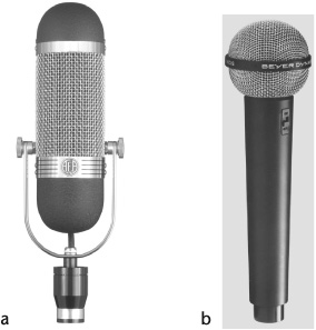 Ribbon microphones. (a) Traditional model with vertical ribbon. (b) Newer model with small, longitudinal ribbon.