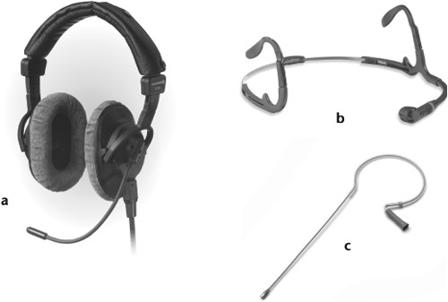Headset microphone systems. (a) Headset microphone system with omnidirectional mic. (b) Small headset microphone system with cardioid mic for vocalists, singing instrumentalists, and radio talk-show hosts. (c) Headset mic with a flexible, telescoping band that fits snugly around the back of the head and is easily concealed under the hair. It has a telescoping boom that can be bent for a custom fit. Headset microphone systems can be wired or wireless.