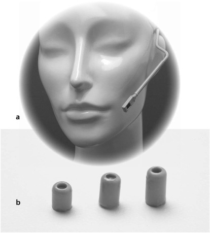 Earset microphone. (a) This model comes with protective caps (b) to keep perspiration, makeup, and other foreign materials out of the microphone. The caps also provide different high-frequency responses to control the amount of presence or crispness in the sound. Earset mics can be wired or wireless.