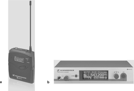 Wireless microphone system. (a) Pocket transmitter. Features include: multiple UHF frequency selection; long-range transmission; illuminated graphic display; auto-lock to avoid accidental change of the selected frequency; mute function; and wireless synchronization of transmitters via infrared interface from the receiver. (b) Receiver. Features include: diversity reception (see “Diversity Reception” later in this section); illuminated graphic display also showing transmitter settings; automatic frequency scan to search for available frequencies; Ethernet port; and integrated equalizer and soundcheck mode.