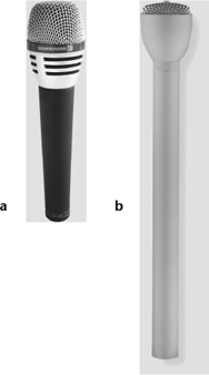 Handheld microphones. (a) Microphone with thin tube. It is easily handheld, is shock resistant, and has a pop filter. All are essential in a handheld microphone. (b) Handheld mic with a long handle for added control in broadcast applications and to provide room for a microphone flag.