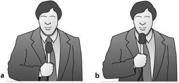 Reducing background sound. (a) Holding an omnidirectional microphone at chest level usually creates an optimal mic-to-source distance. (b) If background noise is high, its level can be reduced by decreasing the mic-to-source distance.