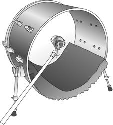 A directional microphone pointed at the drumhead produces a fuller sound. Foam rubber padding is placed in the drum to reduce vibrations.