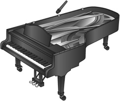Middle-side-miking a grand piano. An MS microphone about 12 to 18 inches above the middle strings, 8 inches horizontally from the hammers, produces a natural, balanced sound and a relatively spacious low-end to high-end stereo image (assuming appropriate acoustics). Best results are achieved with the piano lid off. Otherwise the lid should be at full stick. At full stick there will be a more concentrated sound with less ambience pickup.