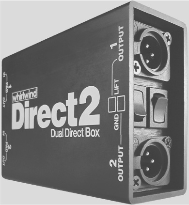 Direct box. This unit converts unbalanced signals from guitar amps, stereo keyboards, CD and tape players, and computer sound cards. There are two sections; each includes an XLR connector, 1/4-inch parallel wired in/out jacks, ground lift switch to help eliminate hum and buzz, and a 20 dB pad switch for connection to inputs with overly loud signal levels.