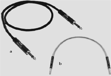 Patch cords with (a) 1/4-inch phone plugs and (b) bantam (mini or tiny telephone) phone plugs.