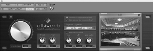 Reverberation plug-in. This sampling reverberation plug-in offers one-, two-, and four-channel sampled acoustic environments ranging from real halls, to cathedrals, to bathrooms, to closets. It also provides the means for users to create their own acoustic samples.