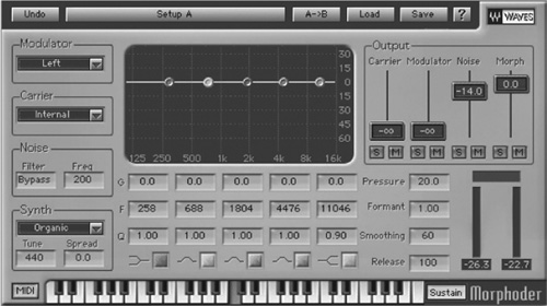 Morphing. This plug-in, called the Morphoder, is a processor of the vocoder type (see “Voice Processors” later in this chapter). It allows two audio signals to be combined using one source as a modulator input and a synthesizer as the carrier. The effect is that the synthesizer will “talk” and actually say the words spoken by the voice; or a drum track can be the modulator, resulting in a rhythmic keyboard track in sync with the drum track.