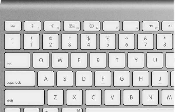 On the top row of aluminum Mac keyboards, the F-keys have dual functions. Ordinarily, F1 through F4 keys correspond to Screen Dimmer, Screen Brighter, Exposé, and Dashboard. Pressing the Fn key in the corner changes their personalities, though.