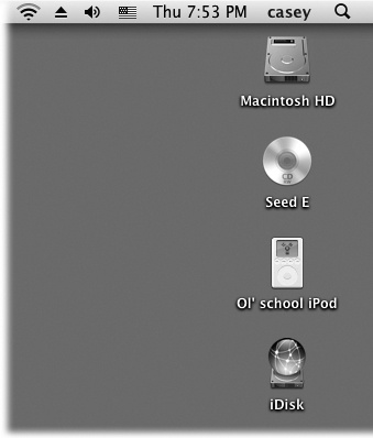You may see all kinds of disks on the Mac OS X desktop (shown here: hard drive, CD, iPod, flash drive)—or none at all, if you’ve chosen to hide them using the Finder→Preferences command. But chances are pretty good you won’t be seeing many floppy disk icons.If you do decide to hide your disk icons, you can always get to them as you do in Windows: by opening the Computer window (Go→Computer).