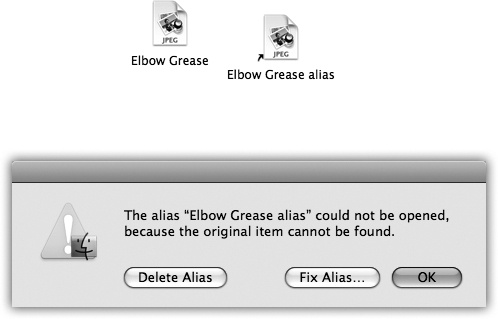 Top: You can identify an alias by the tiny arrow badge on the lower-left corner.Bottom: If the alias can’t find the original file, you’re offered the chance to hook it up to a different file.