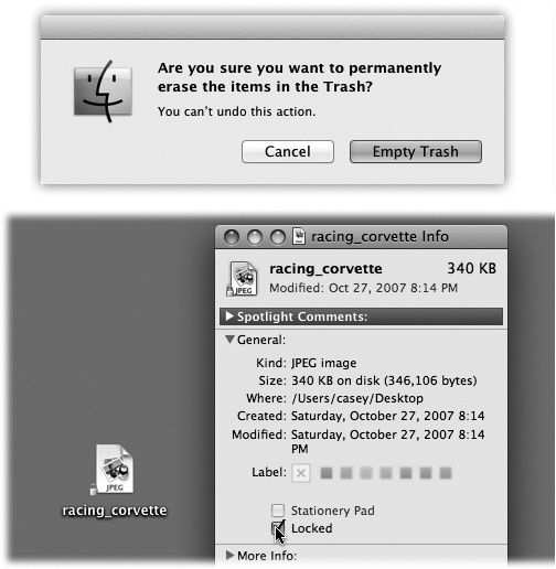 Top: Your last warning. Mac OS X doesn’t tell you how many items are in the Trash or how much disk space they take up.Bottom: The Get Info window for a locked file. Locking a file in this way isn’t military-level security by any stretch—any passing evildoer can unlock the file in the same way. But it does trigger a warning when you try to put it into the Trash, providing at least one layer of protection against losing or deleting it.