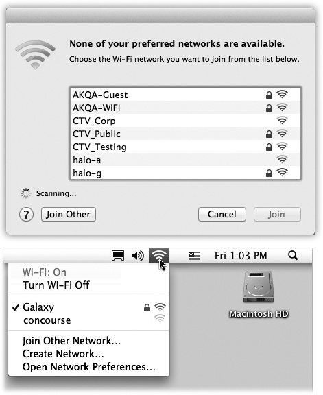 Top: Congratulations—your Mac has discovered new WiFi hot spots all around you! You even get to see the signal strength right in the menu. Double-click one to join it. But if you see a icon next to the hot spot’s name, beware: It’s been protected by a password. If you don’t know it, then you won’t be able to connect.Bottom: Later, you can always switch networks using the WiFi menulet.