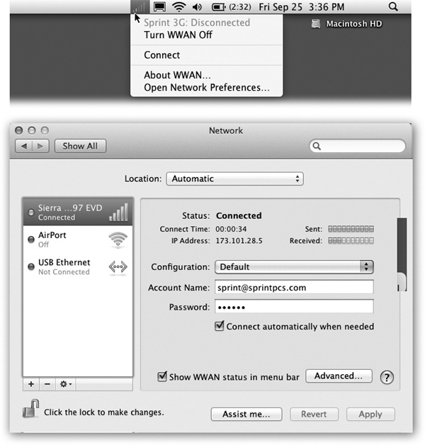 In System Preferences→Network, click your cellular modem’s icon (below). Click Connect to get online—or, better yet, turn on “Show WWAN status in menu bar.” (It stands for wireless wide-area network, if that helps.) Next time, you’ll be able to connect by choosing Connect from this menulet (above) instead of lumbering off to System Preferences.