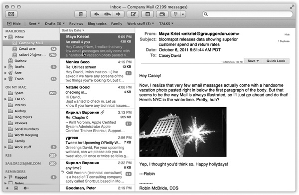 Click an icon in the mailboxes column to see its contents in the messages list. The messages list shows you the first couple of lines of each message, along with photos of the senders, if available in your Address Book. Click one of the column headings (From, Subject, and so on) to sort your mail collection by that criterion.