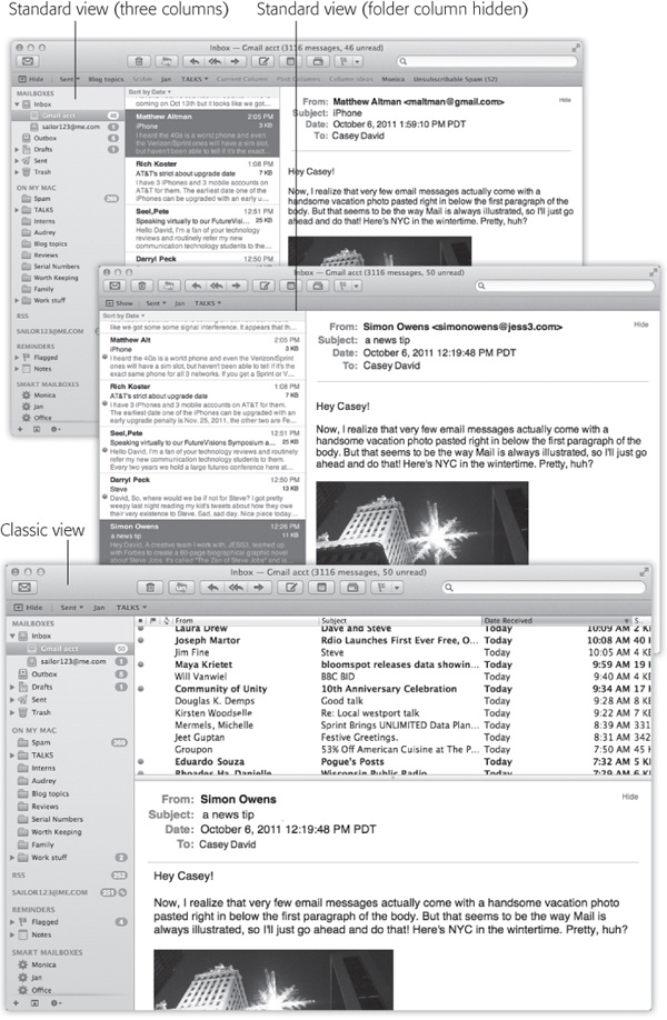 In Lion, Mail can have several different layouts. In the new, standard three-column view (top), all your information sources—mailboxes, Notes, and RSS feeds—are grouped tidily in the far-left column. You can hide that column, though, so that you have more space for reading (middle). You can also return to the pre-Lion layout (bottom), in which the messages list is above the message body.