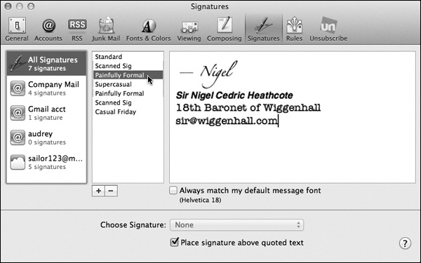 After naming your signature in the middle pane and typing the text on the right, don’t miss the Format menu, which you can use to dress up your signature with colors and formatting. You can even paste a picture into the signature box. Click OK when you’re finished. (You can use formatted signatures only when sending Rich Text messages.)