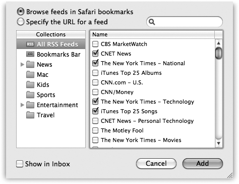 In the Add RSS Feeds box, you can click to add sites you’ve already subscribed to in Safari. If you don’t already have the feed bookmarked in Safari, click “Specify a custom feed URL” and paste the feed’s address into the resulting box. If you’ve got a ton of feeds and don’t want to wade through them all, use the search box to seek out the specific feed you need.