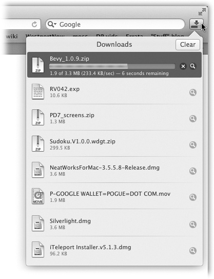 Click the Downloads () button to view this list of recent downloads. Double-click an icon to open the download. Click the button to jump to the file wherever it’s sitting in the Finder. To remove an item from the list, click it and then press Delete. (The Clear button erases the whole list.) You can also drag an item out of this list and onto the desktop to park it there.