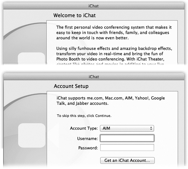The iChat setup assistant gives you the chance to input your account names and passwords if you already have them. Sometimes (Mac.com, me.com, AIM), you get the chance to create an account on the spot. Otherwise, you’re expected to have a name and password (for Google Talk, Yahoo, or Jabber) already.