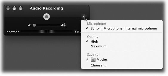 There’s a lot going on in this tiny window. The pop-up menu lets you choose audio quality and audio input. At bottom, as you record, you see a VU meter (audio level) and an indication of the recording’s length and file size.