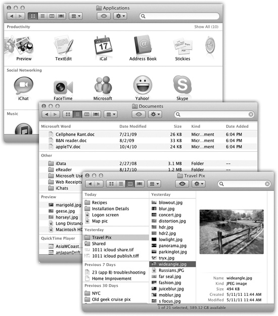 You can view your Finder-window files in neat little groups, separated by headings.Top left: The Applications window, in icon view, arranged by Application Category.Middle: The Documents folder, in list view, arranged by Application (meaning “which program opens this document”).Bottom: The Desktop folder, in column view, arranged by Date Added.