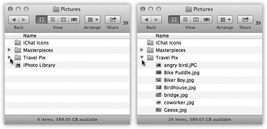 Click a “flippy triangle” (left) to see the list of the folders and files inside that folder (right). Or press the equivalent keystrokes: → (to open) and ← (to close).