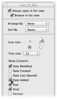 The checkboxes you turn on in the View Options dialog box determine which columns of information appear in a list-view window. Many people live full and satisfying lives with only the three default columns—Date Modified, Kind, and Size—turned on. But the other columns can be helpful in special circumstances; the trick is knowing what information appears there.