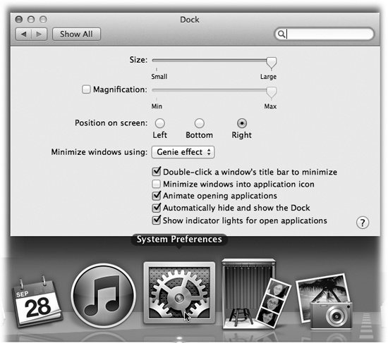 To make your Dock icons bigger or smaller, choose →Dock→Dock Preferences. Leave the Dock Preferences window open on the screen, as shown here. After each adjustment of the Dock size slider, try out the Dock (which still works when the Dock Preferences window is open) to test your new settings.