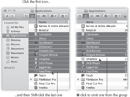 Left: To select a block of files in list view, click the first icon. Then, while pressing Shift, click the last one. OS X highlights those files and all the files in between your clicks. This technique mirrors the way Shift-clicking works in a word processor and in many other kinds of programs.Right: To remove one of the icons from your selection, ⌘-click it.
