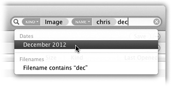 Each time you add a criterion by clicking the drop-down list shown in Figure 3-15, the Mac adds a new token (criterion bubble) to the search box.