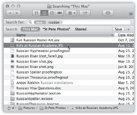 Click a result once to see where it sits on your hard drive (bottom). If the window is too narrow to reveal the full folder path, run your cursor over the folders without clicking. As your mouse moves from one folder to another, the Mac briefly reveals its name, compressing other folders as necessary to make room. (Sub-Tip: You can drag icons into these folders, too.)