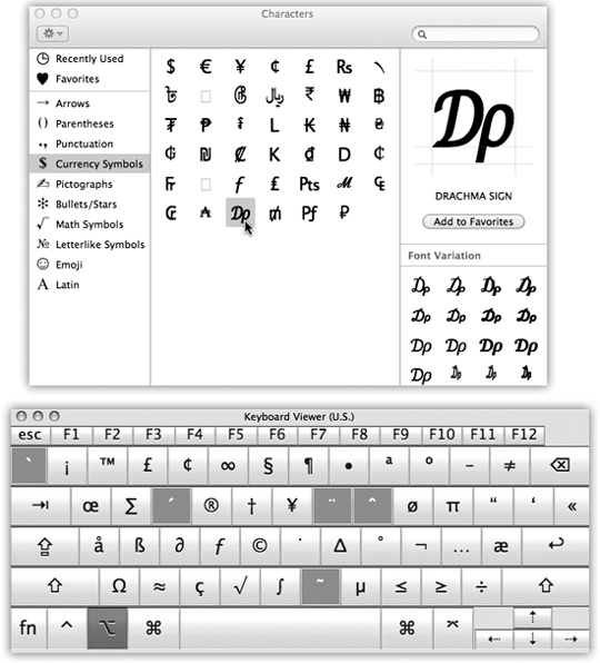Top: You can preview variations of the same symbol in the Font Variation panel. You can also use the search box to find a symbol by name: “heart” or “yen” or “asterisk,” for example. And if you click the menu in the top left, you can choose Customize List—and you’ll have access to a staggering array of even more symbol categories, including wacky symbols from other alphabets.Bottom: How do you make a π symbol? Keyboard Viewer reveals the answer. When you press the Option key, the Keyboard Viewer keyboard shows that the pi character (π) is mapped to the P key. To insert the symbol into an open document, just click it in the Keyboard Viewer window.