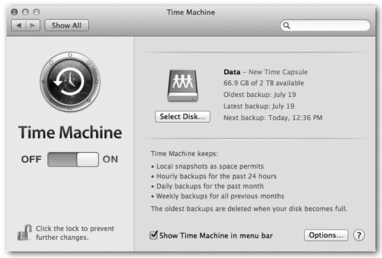 Use the big On/Off switch to shut off all Time Machine activity, although it would be hard to imagine why you’d want to risk it. You can click Select Disk to choose a different hard drive to represent the mirror of your main drive (after the first one is full, for example).