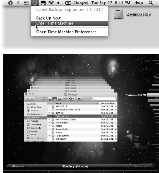 Top: Choose Enter Time Machine from the menulet. (If you don’t see this menulet, turn on “Show Time Machine status in the menu bar,” shown in Figure 5-12.)Bottom: This is the big payoff for all your efforts. The familiar desktop slides down, dropping away like a curtain. For the first time, you get to see what’s been behind the desktop all this time. Turns out it’s outer space. Time Machine shows you dozens of copies of the Finder window, representing its condition at each backup, stretching back to the past. If the “ruler tick marks” are both pink and gray, you’re seeing backups on both your laptop’s own hard drive and the usual external drive, as described earlier in this chapter.