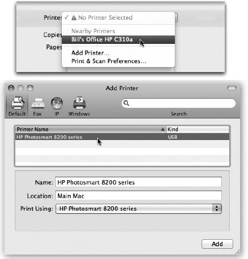 Top: To introduce your Mac to a new printer, try to print something. If you have a USB printer or a “nearby” one, it’s probably listed here already. Off you go.If your printer isn’t listed, choose Add Printer from this pop-up menu.Bottom: Your Mac should automatically “see” any printers that are hooked up and turned on. Click the one you want, and then click Add.