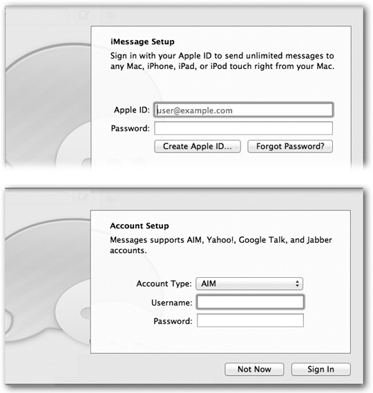 When you open Messages for the first time, it really, really wants you to enter (or sign up for) an iCloud/Apple ID, so you can become part of the great iMessages global family.Bottom: But you can, instead, or in addition, enter Google, Jabber, Yahoo, or AIM account details.
