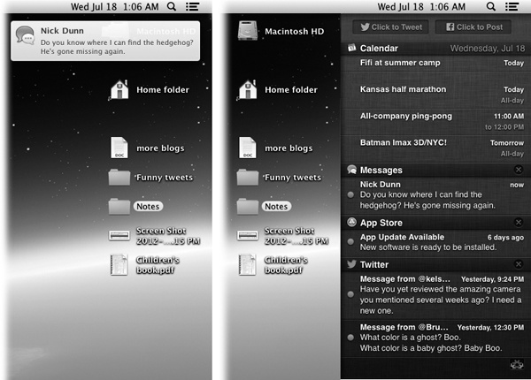 Left: In Mountain Lion, all Mac features get your attention in the same quiet, uniform way: with a bubble like this one.Right: Here’s the Notification Center, where all those incoming messages pile up, for your inspection pleasure.