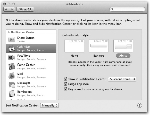Here, in System Preferences, you can specify which apps are permitted to intrude on the precious billboard that is your Notification Center—and how they’re permitted to intrude.Individual apps, including Mail and Calendar, may offer additional controls in their Preferences boxes. For example, in Calendar, you can turn off notifications from shared calendars and from meeting invitations.