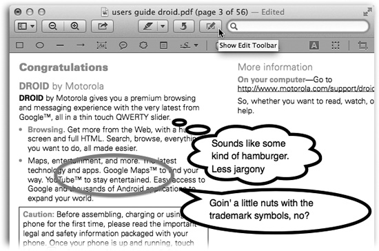 To make the annotation tools appear, click the main toolbar button indicated here by the cursor. Click the button you want, and then drag diagonally to define a rectangle, oval, arrow, link, speech bubble, or thought bubble. Look over the master list of notes using the Tools→Show Inspector.