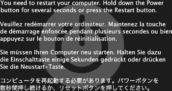 A kernel panic is almost always related to some piece of add-on hardware. And look at the bright side: At least you get this handsome dialog box. That’s a lot better than the Mac OS X 10.0 and 10.1 effect–random text gibberish superimposing itself on your screen.