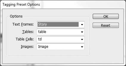 The Tagging Preset Options of the Tags panel, setting Tables and Table Cells to <table> and <td> elements