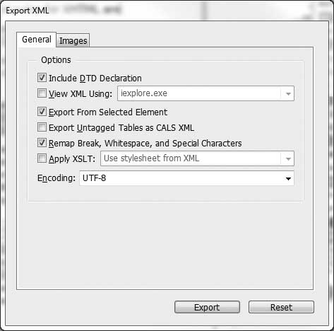The Export XML dialog with options set to make quasi-XHTML output