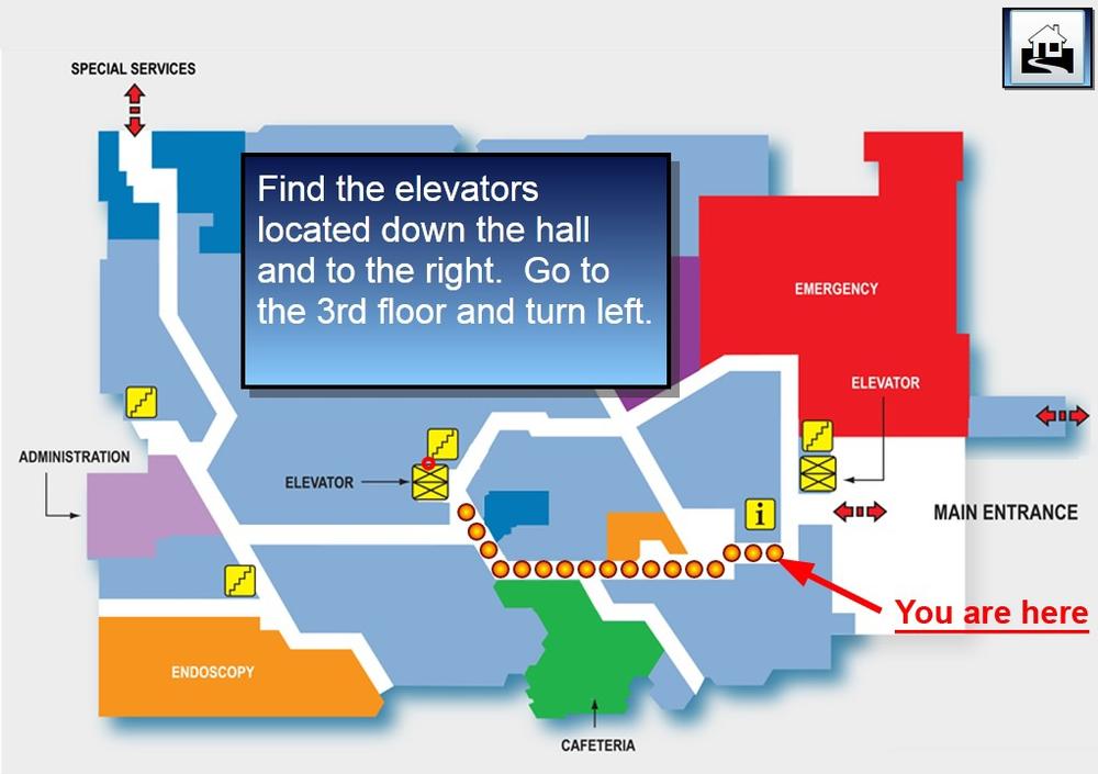 Visitor directory with animated dots leading to the nearest elevator