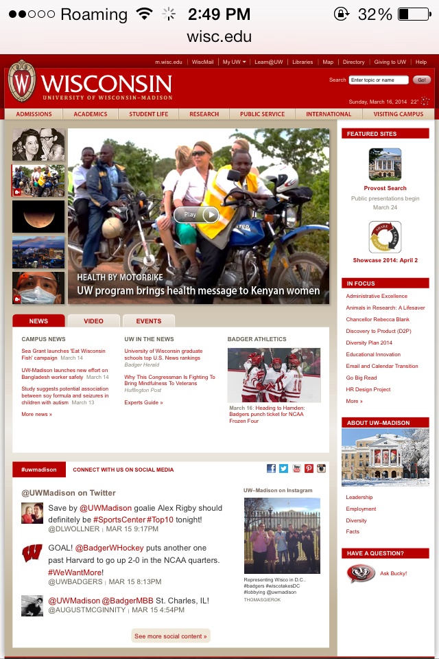 The University of Wisconsin’s full website renders at desktop size, forcing the user to zoom in to read the text.