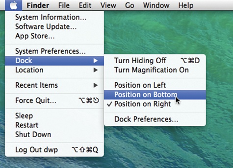 In this book, arrow notations help to simplify folder and menu instructions. For example, “Choose →Dock→Position on Left” is a more compact way of saying, “From the menu, choose Dock; from the submenu that then appears, choose Position on Left,” as shown here.