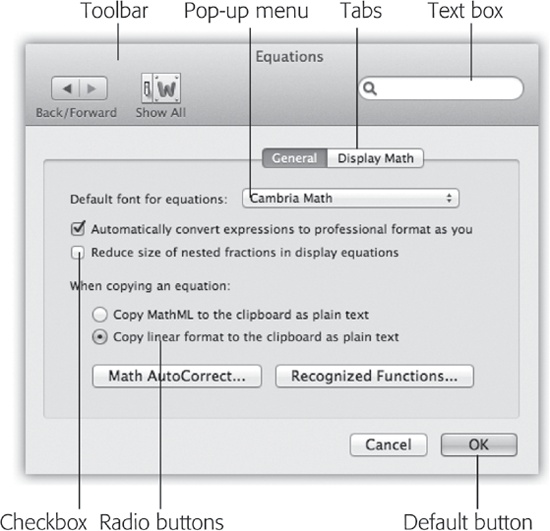 Knowing what you’re doing on the Mac often requires knowing that things are called. Here are some of the most common onscreen elements. They include checkboxes (turn on as many as you like) and radio buttons (only one can be turned on in each grouping).Pressing Return is usually the same as clicking the default button—the lower-right button that almost always means “OK, I’m done here.”