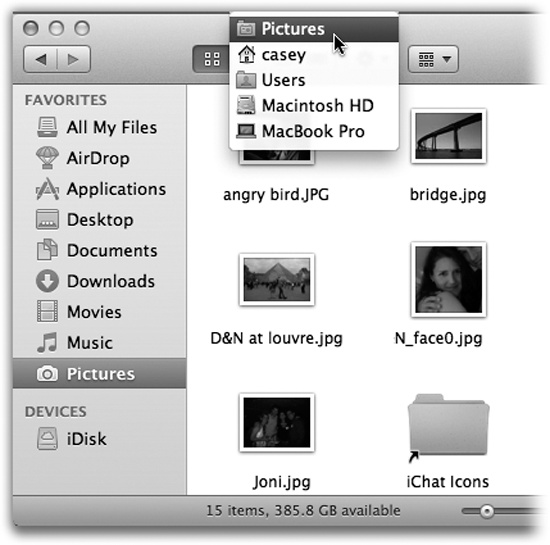 Right-click or two-finger click a Finder window’s title bar to summon the hidden folder hierarchy menu. This trick also works in most other OS X programs. For example, you can right-click a document window’s title to find out where the document is actually saved on your hard drive.