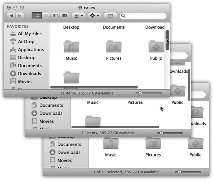 In Mavericks, scroll bars don’t appear at all while you’re working (bottom); you have that much more screen area dedicated to your work. If you begin to scroll by sliding your fingers across the trackpad or the Magic Mouse, only the scroll-bar handle appears, so you know where you are (middle).But if you point to the scroll bar, it fattens up so you can operate it more easily (top).